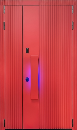 Современная полуторная дверь с отделкой красными плитами МДФ RAL и бугельной ручкой с подсветкой Современная полуторная дверь с отделкой красными плитами МДФ RAL и бугельной ручкой с подсветкой