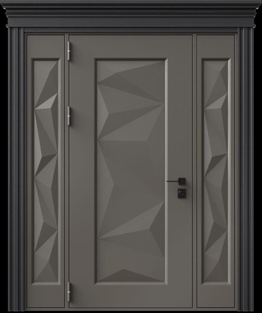 Входная термодверь с металлофиленкой, вставками по бокам, карнизом и порошковым напылением RAL 7022 (тип №6)