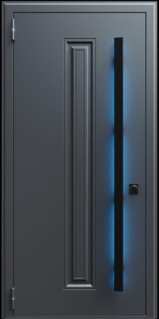 Входная термодверь с металлофиленкой, длинной ручкой с подсветкой и порошковым покрытием RAL 7021 (тип №1)
