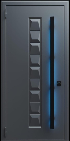Входная термодверь с металлофиленкой, длинной ручкой с подсветкой и порошковым покрытием RAL 7021 (тип №8)